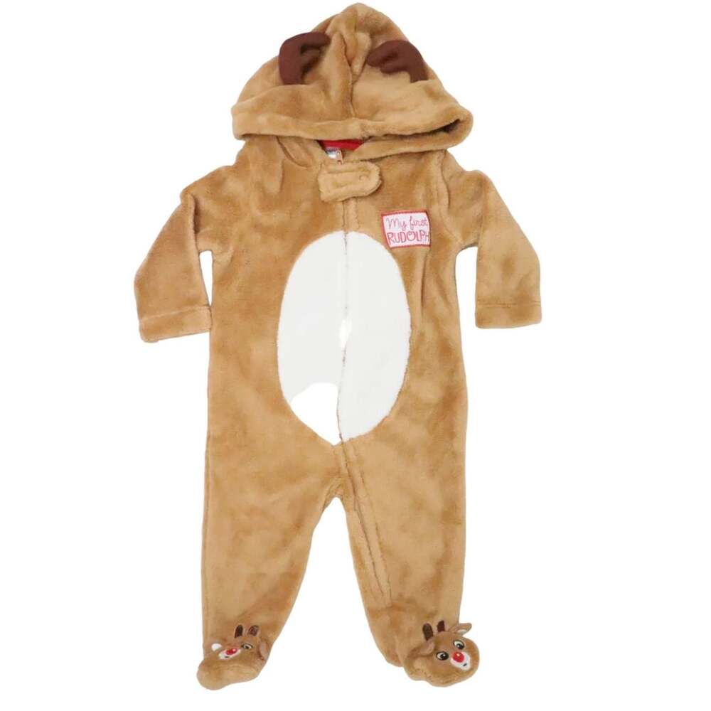 Babys First Christmas Rudolph Hooded Sherpa Fleece Footsie Pajama Newborn